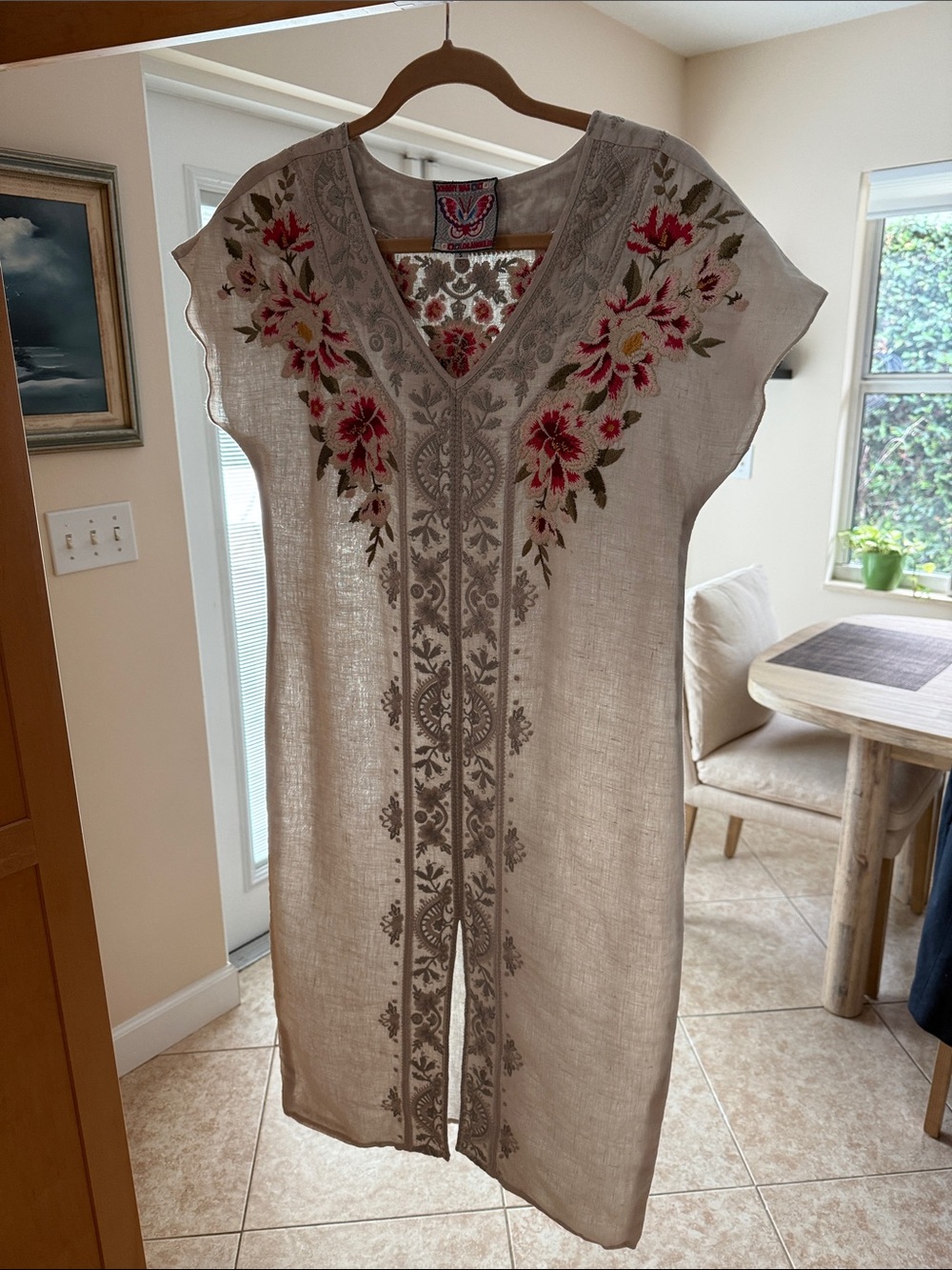 Johnny Was Beige Linen-Blend Midi Dress with Pink & Red Floral Embroidery